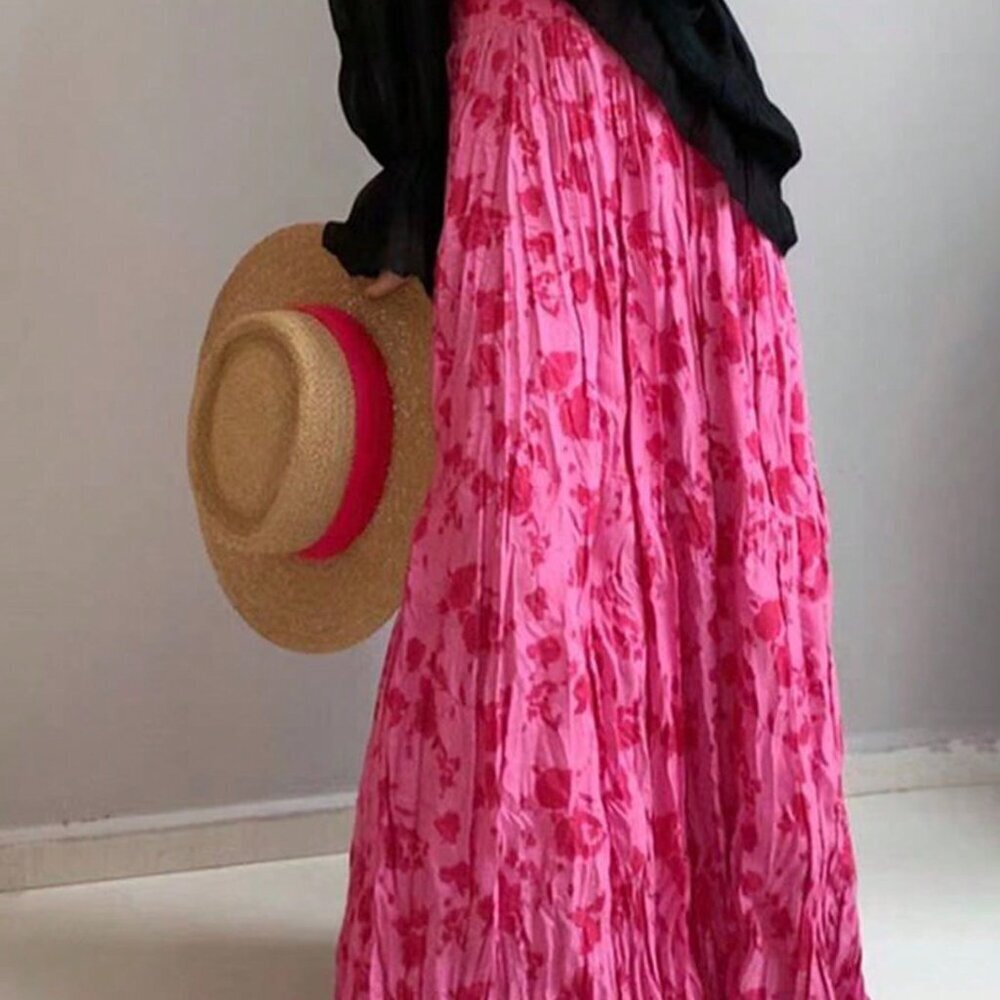 Rose Pink Boho Women's Plus Size Ditsy Floral Pleated Skirt